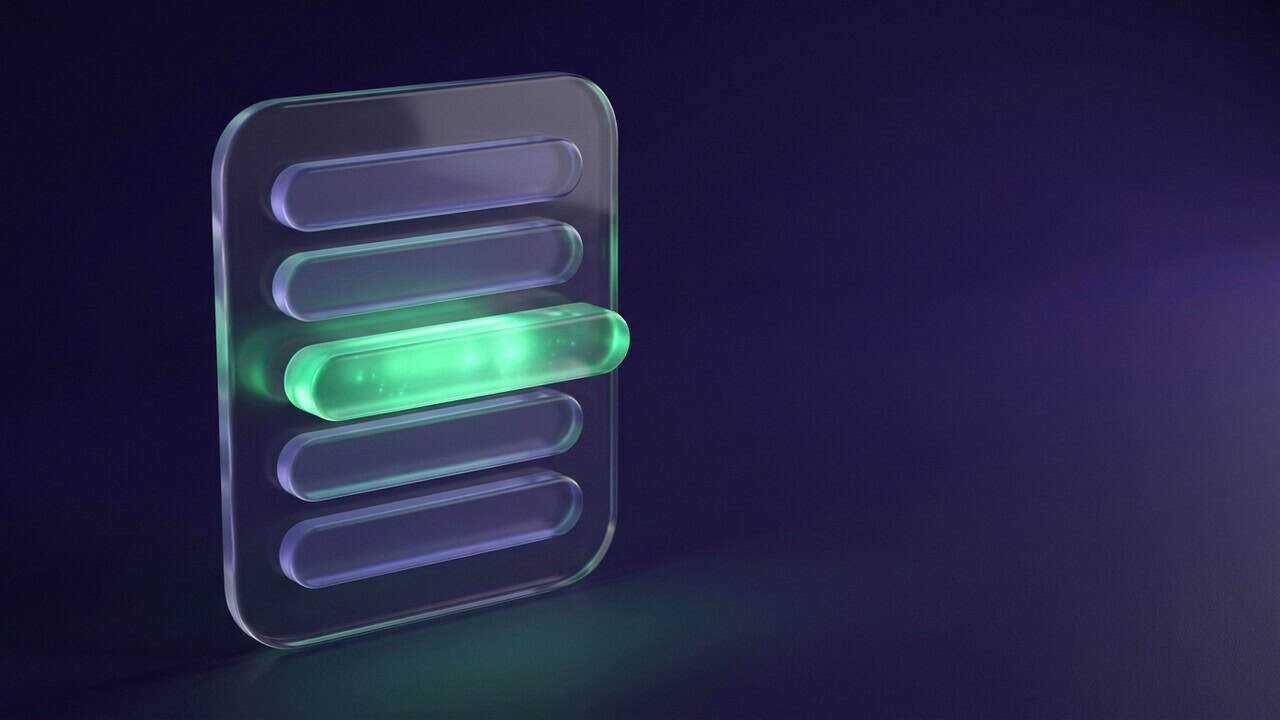 A rounded glass answer panel with five entries on a deep violet background, one entry lit in emerald and the rest dim