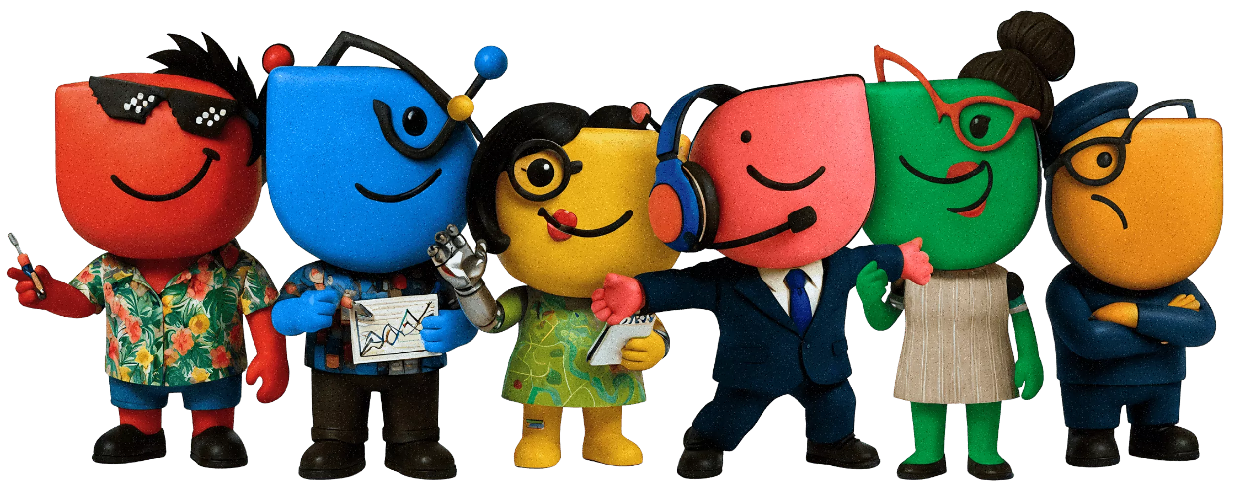 Atarim AI specialist team: Pixel, Navi, Index, Lexi, and Glitch
