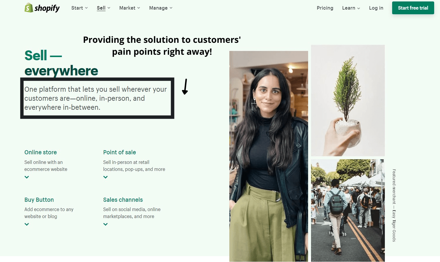 shopify landing page design example of pain points